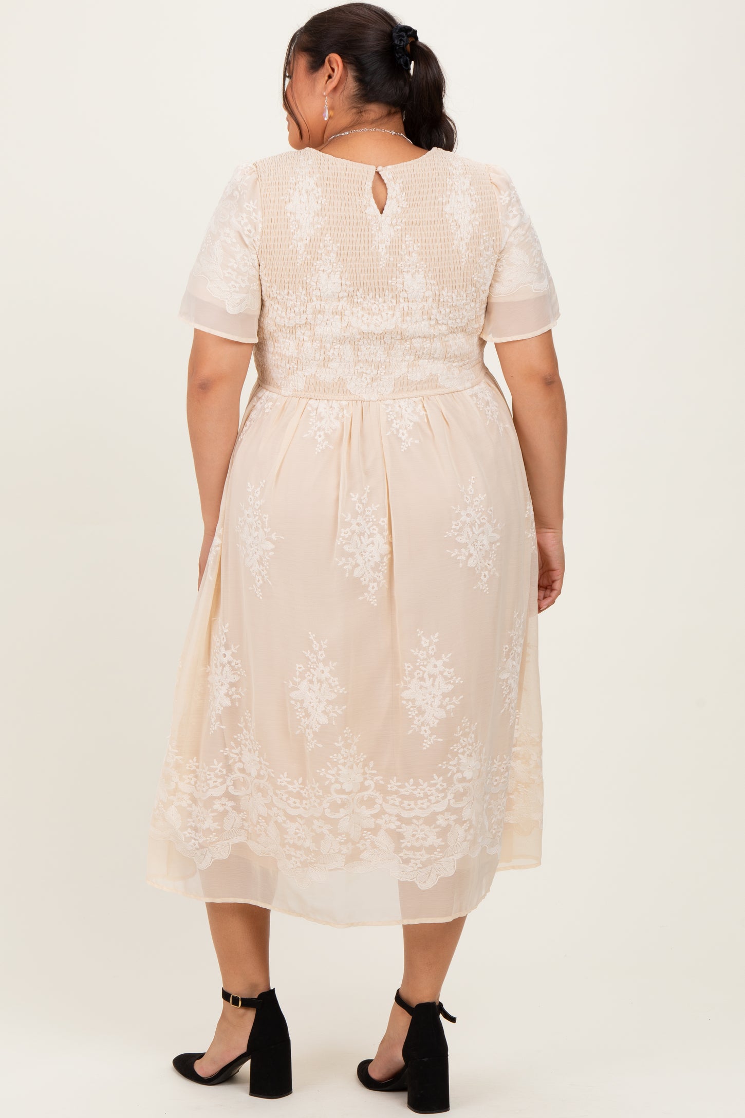 Cream Embroidered Smocked Plus Midi Dress