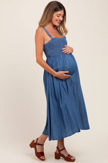 Blue Smocked Chambray Tie Back Cutout Maternity Midi Dress