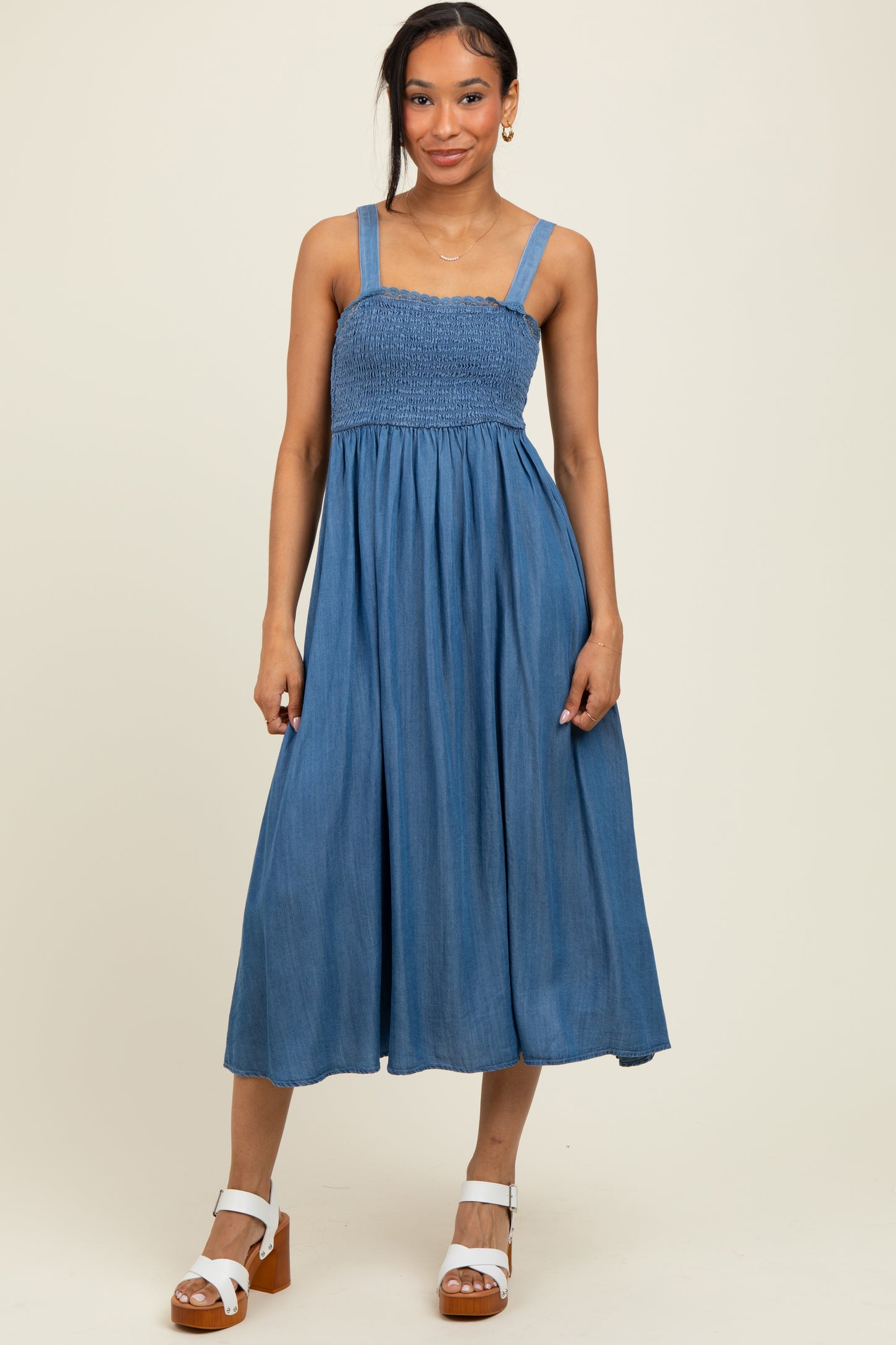 Blue Smocked Chambray Tie Back Cutout Midi Dress