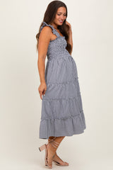 Black Gingham Ruffle Tiered Maternity Midi Dress