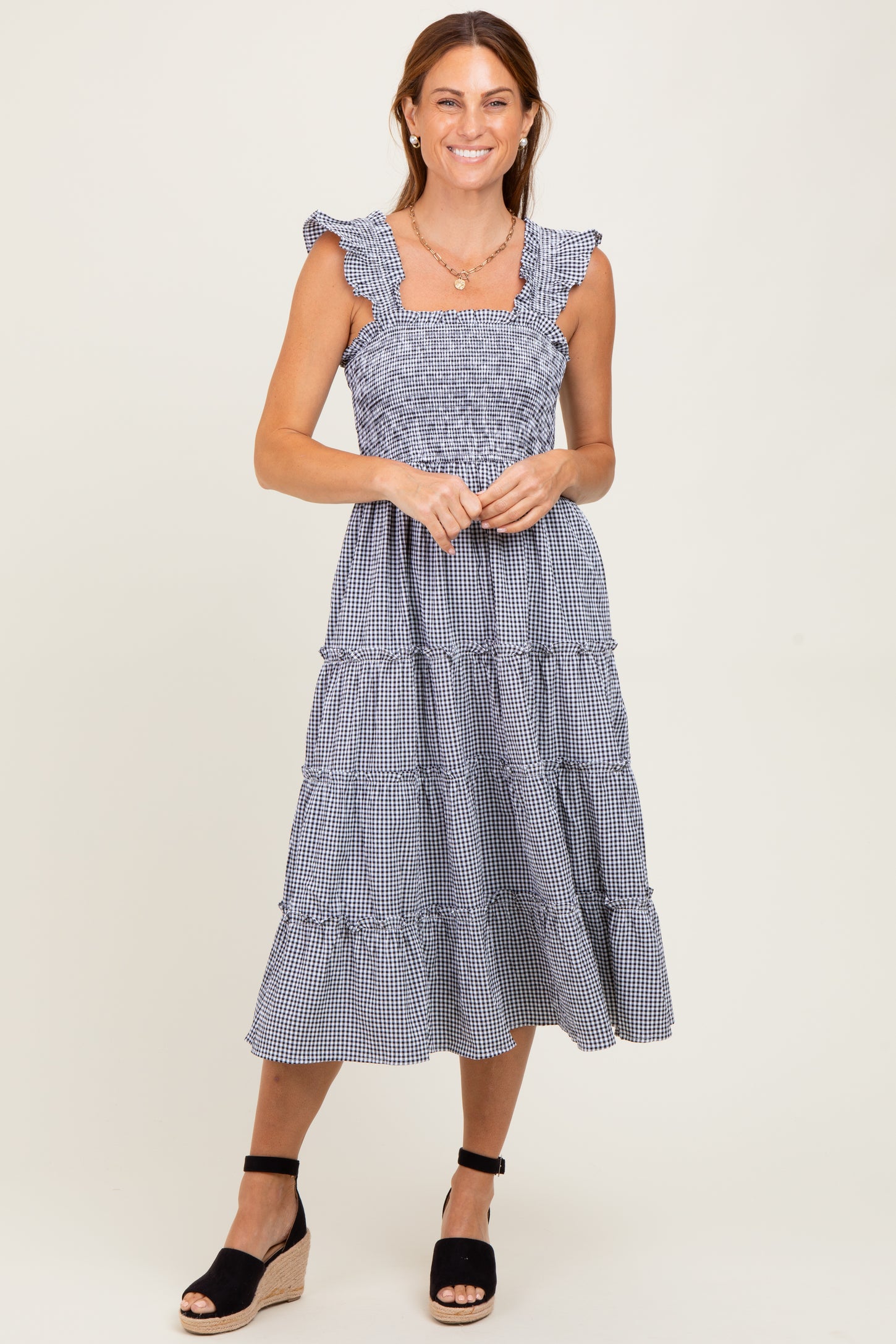 Black Gingham Ruffle Tiered Maternity Midi Dress