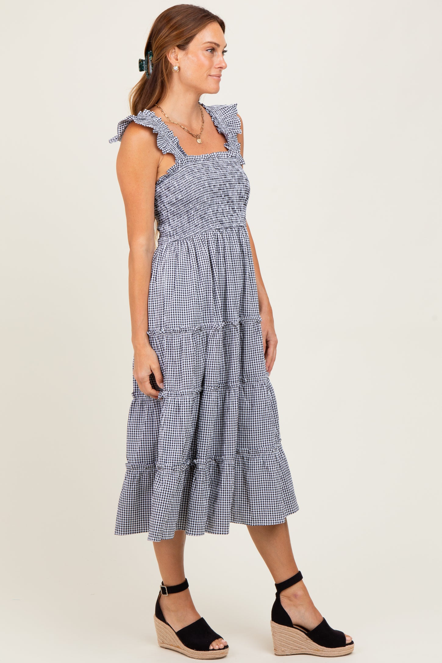 Black Gingham Ruffle Tiered Midi Dress