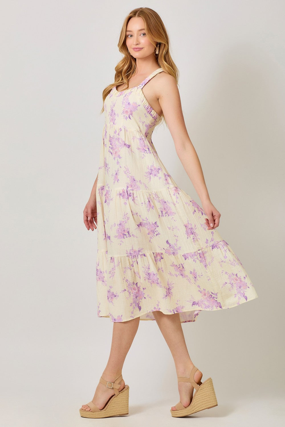 Cream Floral Tiered Crisscross Back Midi Dress