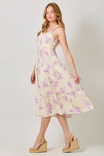 Cream Floral Tiered Crisscross Back Midi Dress