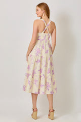 Cream Floral Tiered Crisscross Back Midi Dress