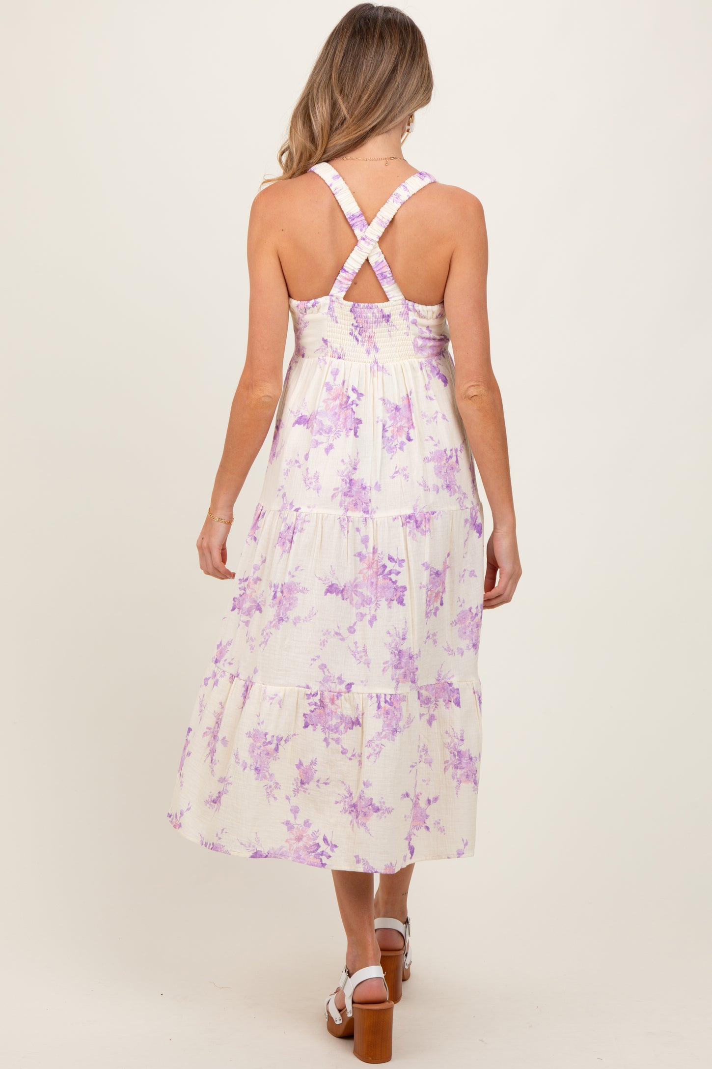 Cream Floral Tiered Crisscross Back Maternity Midi Dress