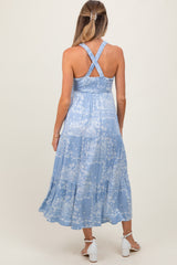 Light Blue Floral Tiered Crisscross Back Maternity Midi Dress