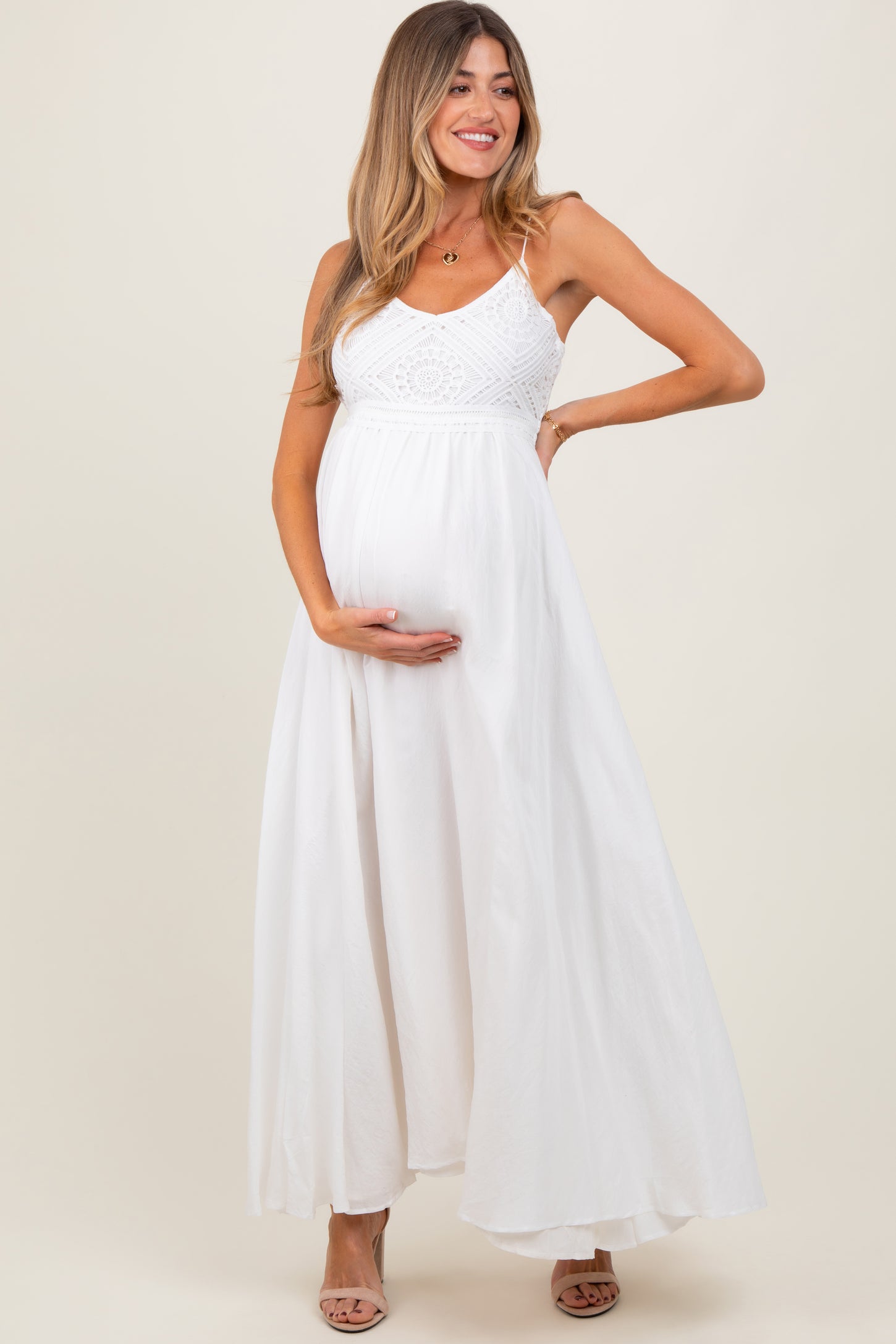 White Crochet Bodice Maternity Maxi Dress