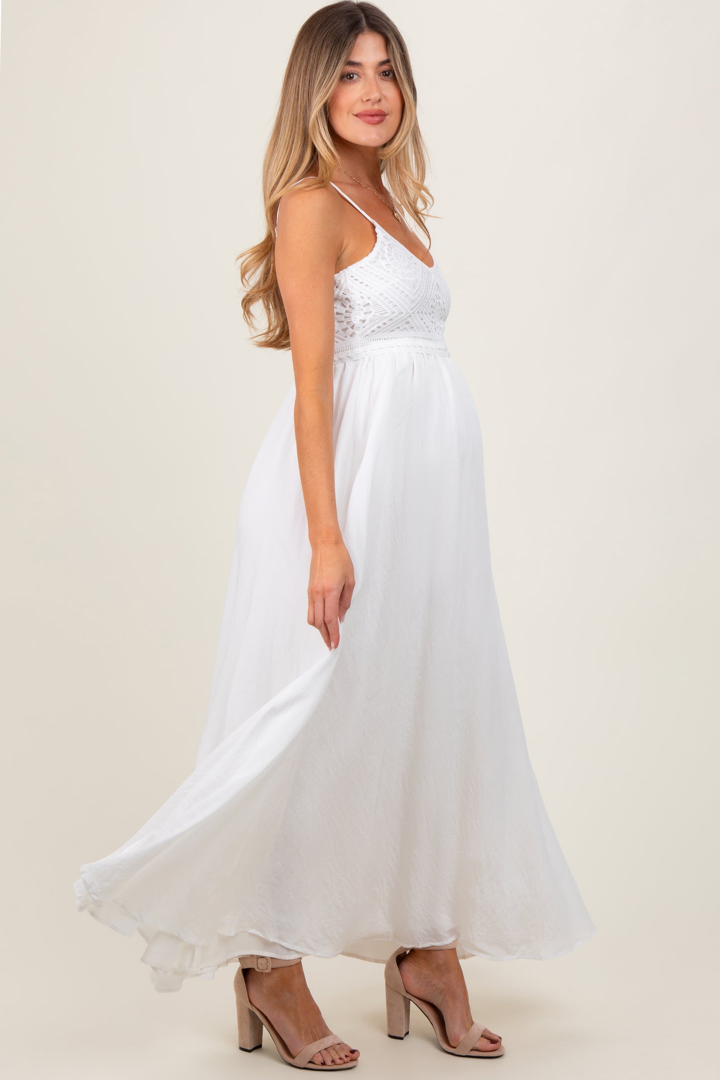 White Crochet Bodice Maternity Maxi Dress
