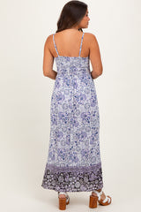 Blue Floral Front Cutout Side Slit Maternity Maxi Dress