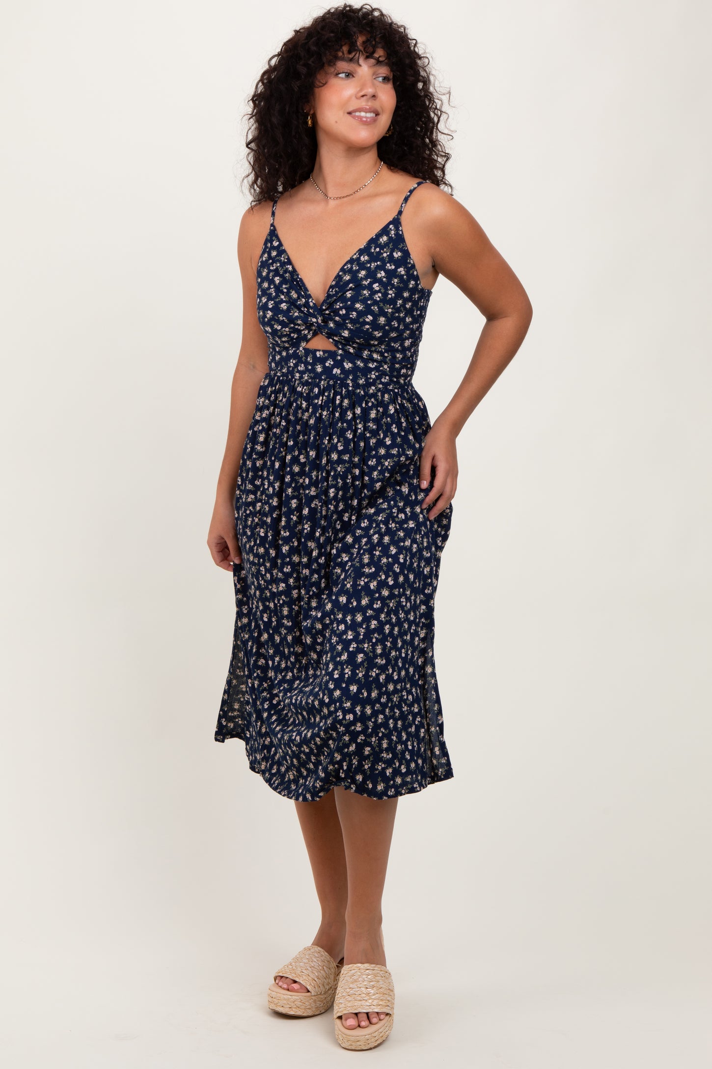 Navy Floral Twist Front Cut Out Midi Dress
