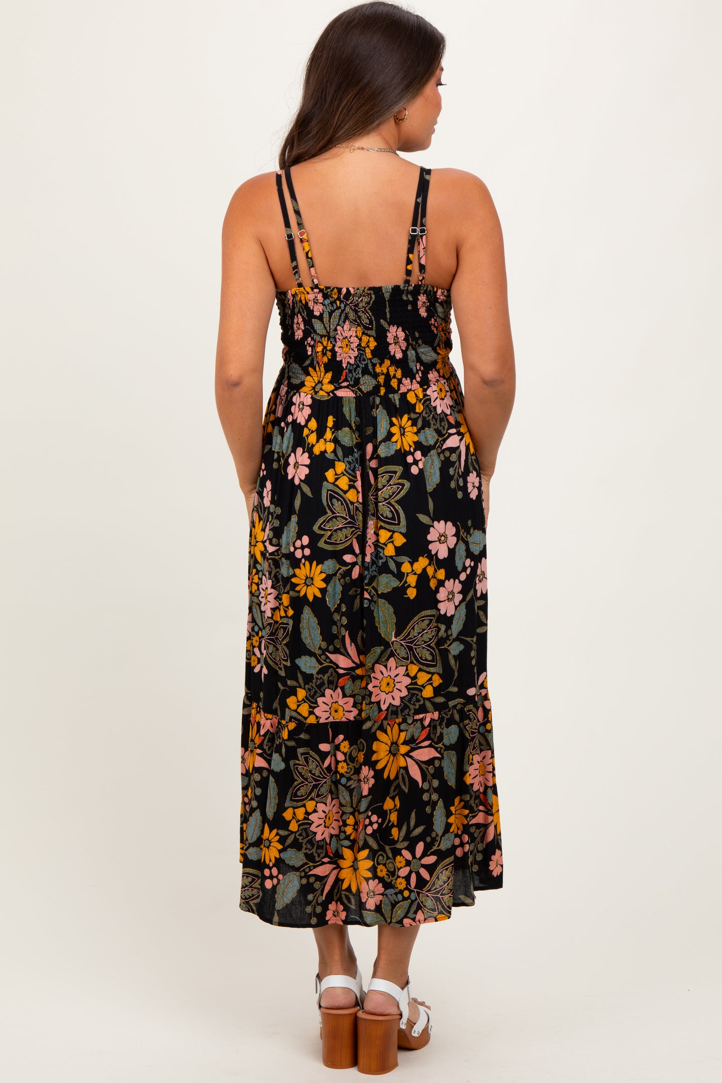 Black Floral Lace Inset Maternity Midi Dress