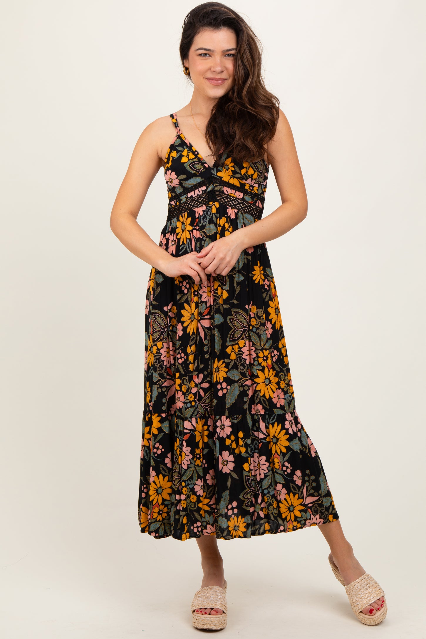 Black Floral Lace Inset Midi Dress