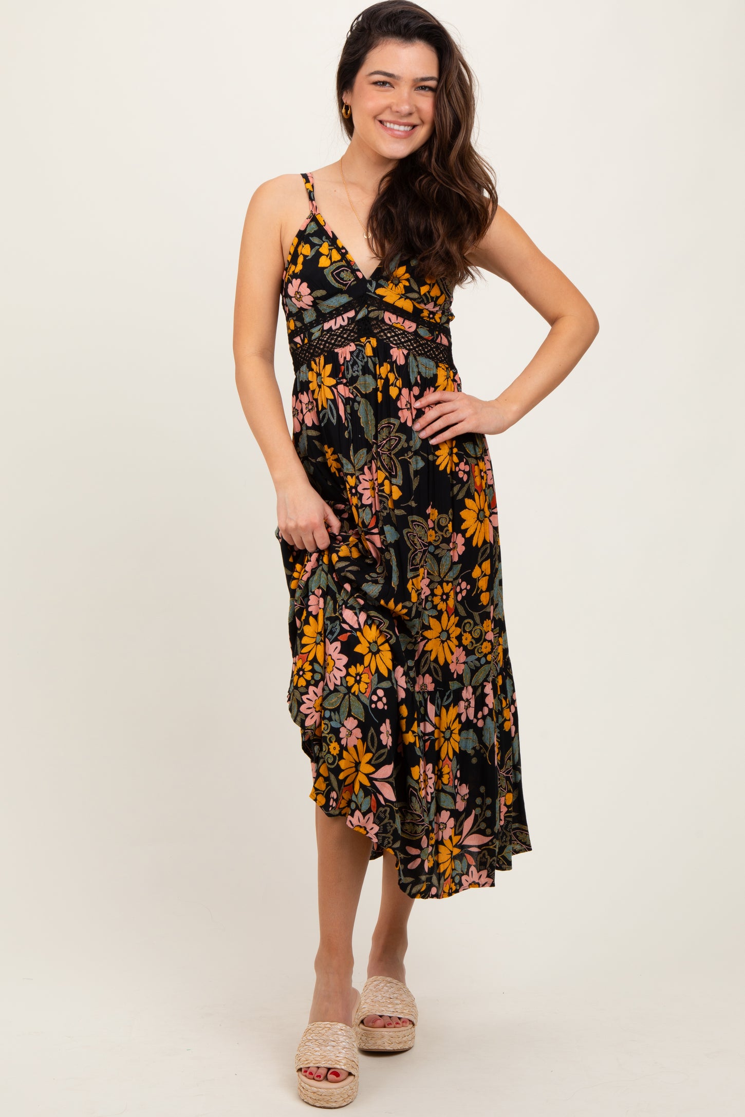 Black Floral Lace Inset Midi Dress