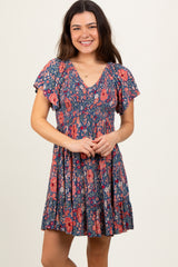 Blue Floral Smocked V-Neck Flutter Sleeve Dress