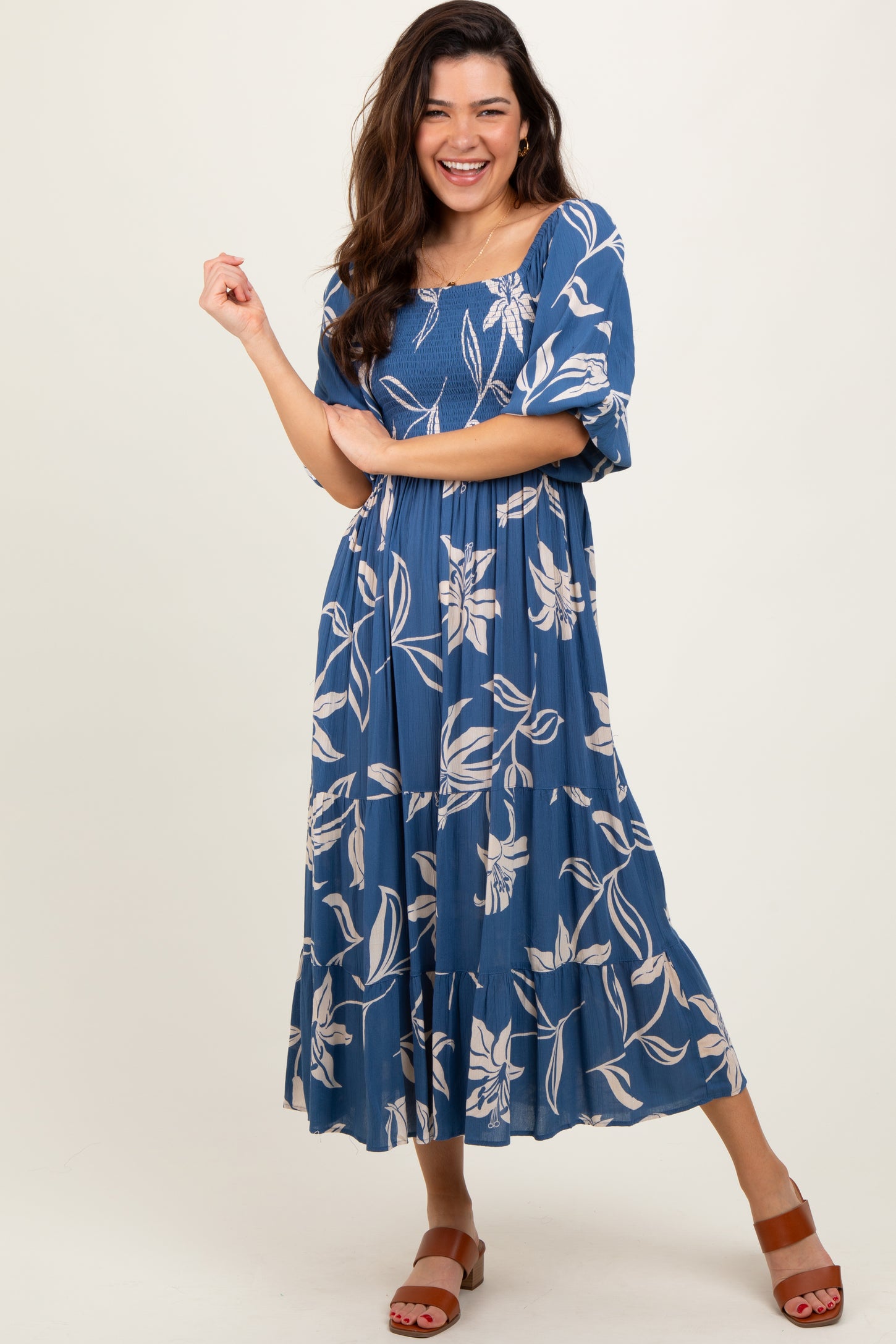 Blue Smocked Puff Sleeve Midi Dress