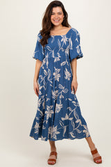 Blue Smocked Puff Sleeve Midi Dress