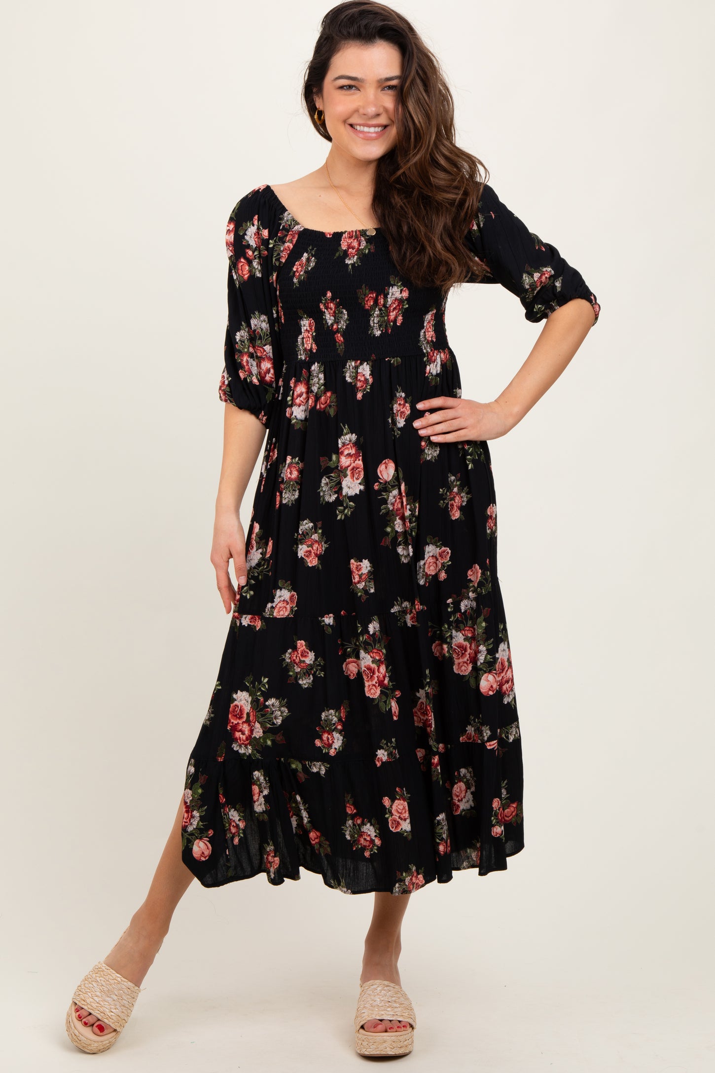 Black Smocked Puff Sleeve Midi Dress