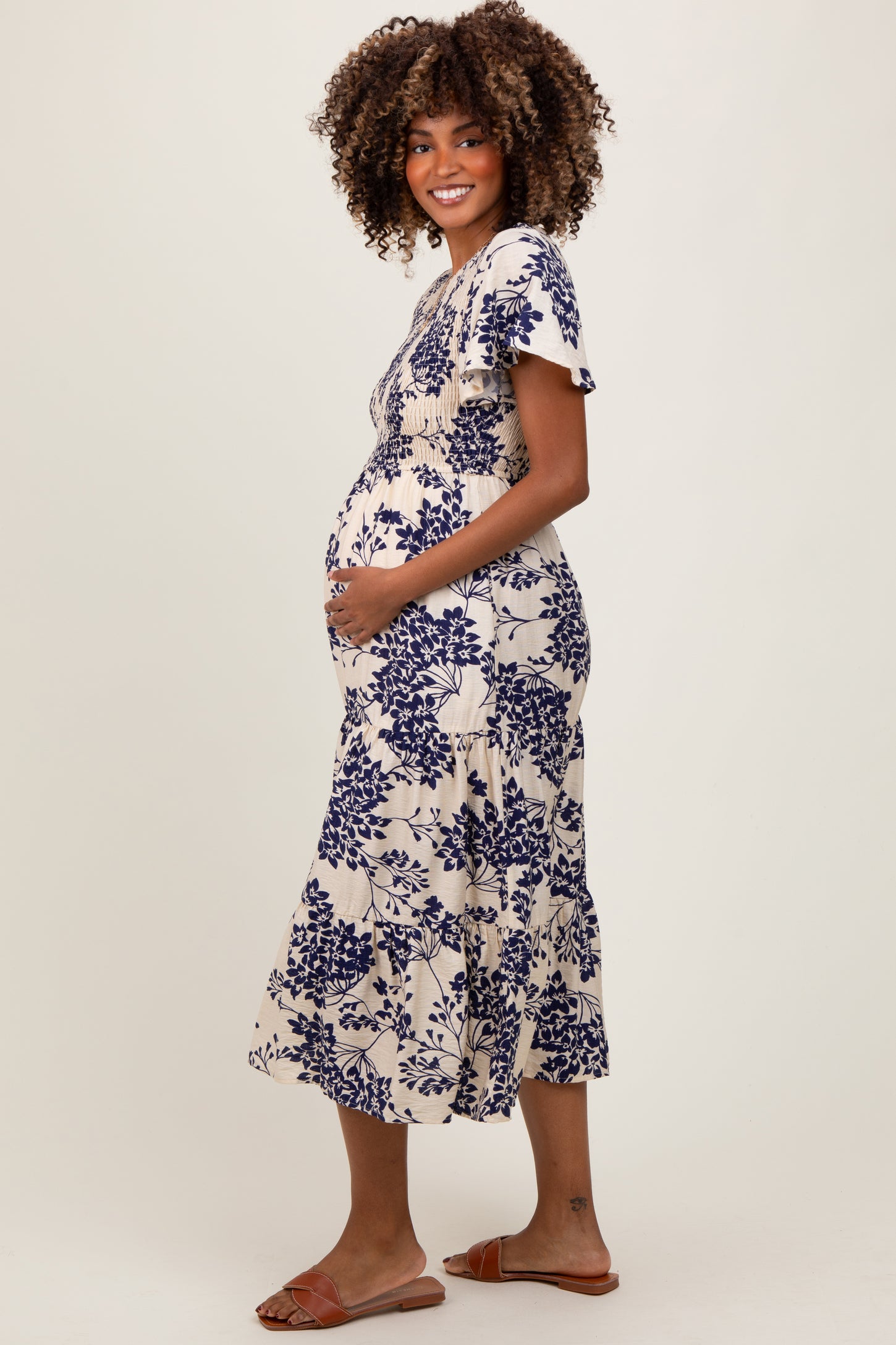 Navy Floral Smocked Ruffle Hem Maternity Midi Dress