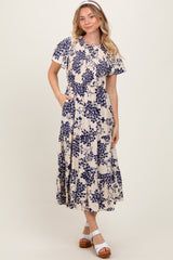 Navy Floral Smocked Ruffle Hem Maternity Midi Dress