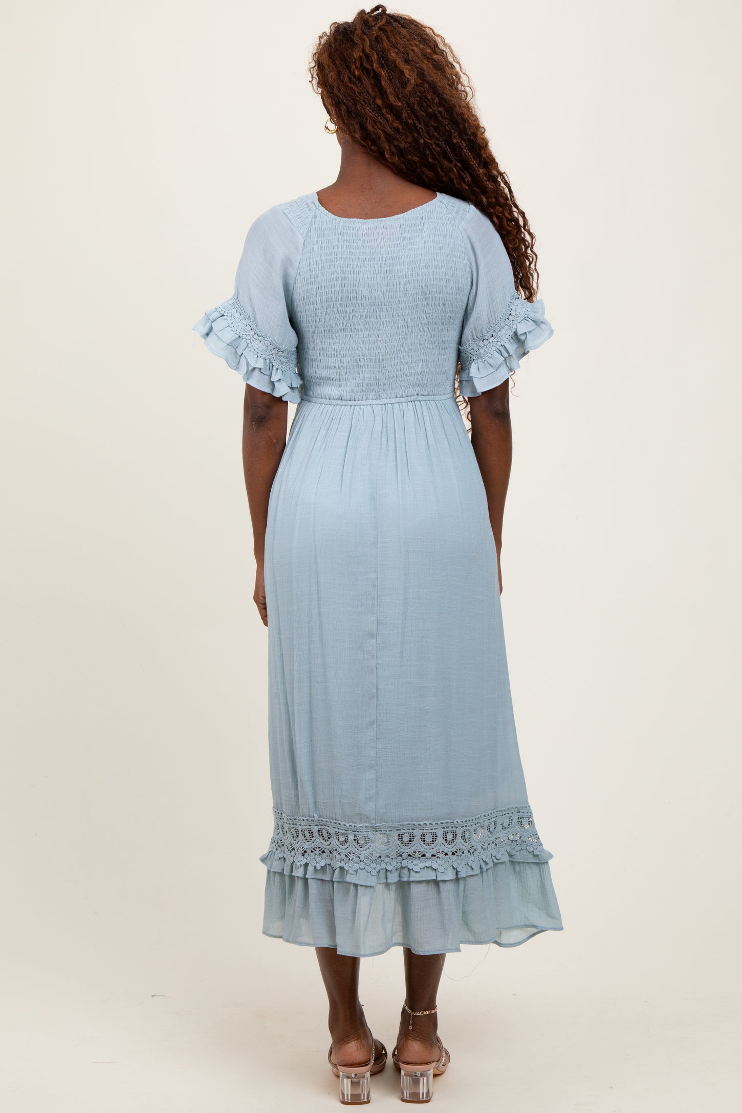 Light Blue Smocked Crochet Ruffle Trim Midi Dress