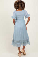 Light Blue Smocked Crochet Ruffle Trim Maternity Midi Dress