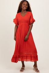 Rust Smocked Crochet Ruffle Trim Midi Dress