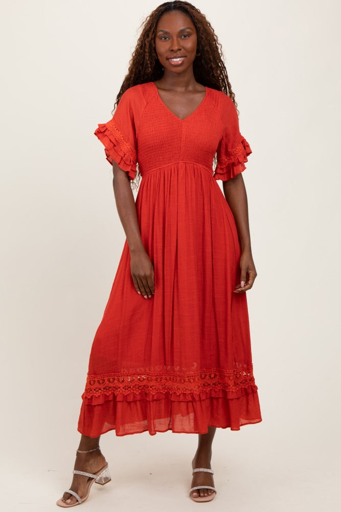 Rust Smocked Crochet Ruffle Trim Midi Dress