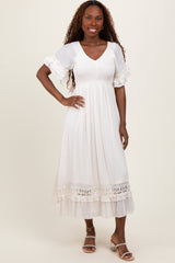 Cream Smocked Crochet Ruffle Trim Midi Dress