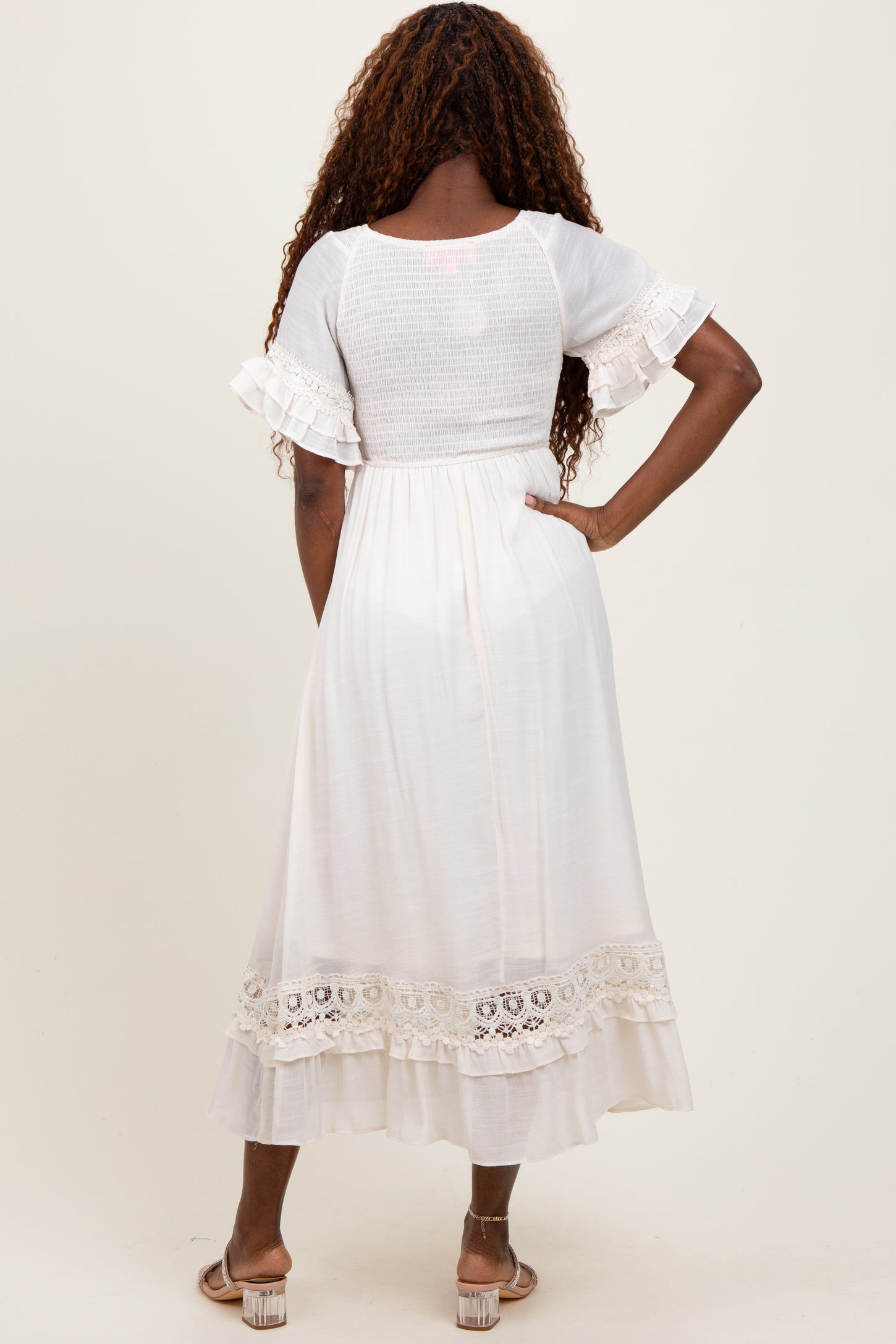 Cream Smocked Crochet Ruffle Trim Midi Dress