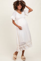 Cream Smocked Crochet Ruffle Trim Maternity Midi Dress