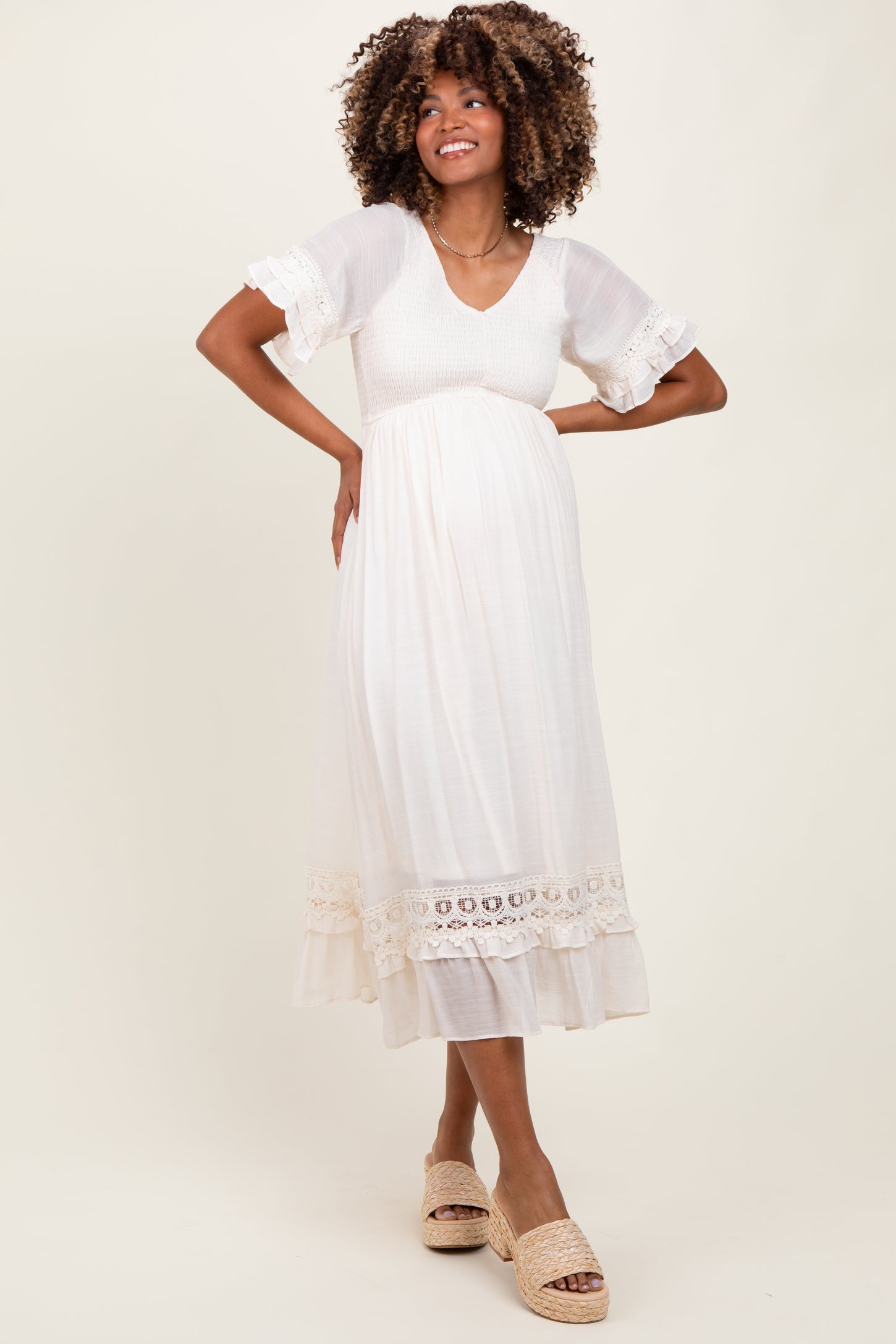 Cream Smocked Crochet Ruffle Trim Maternity Midi Dress