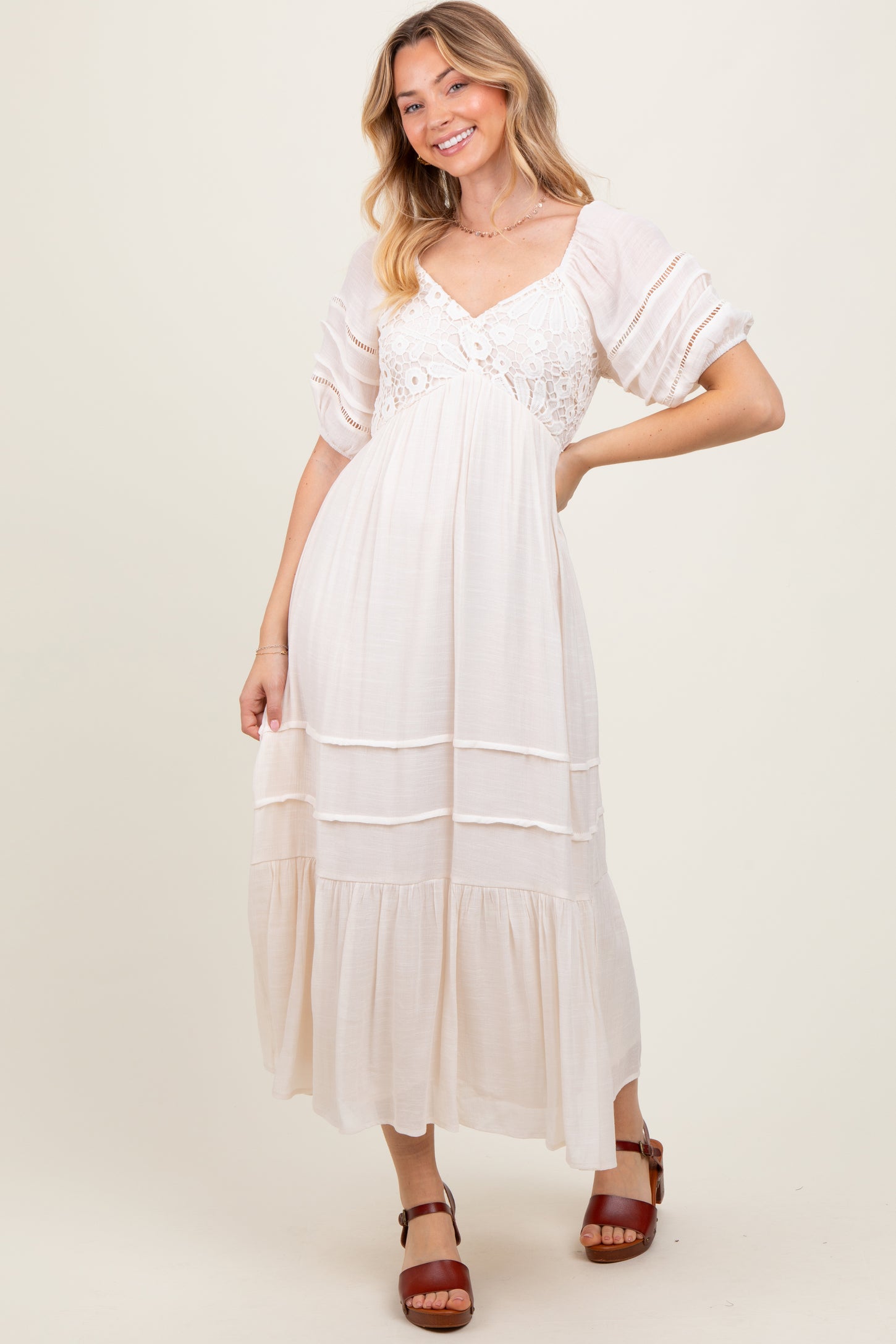 Cream Crochet Detail Bodice Midi Dress