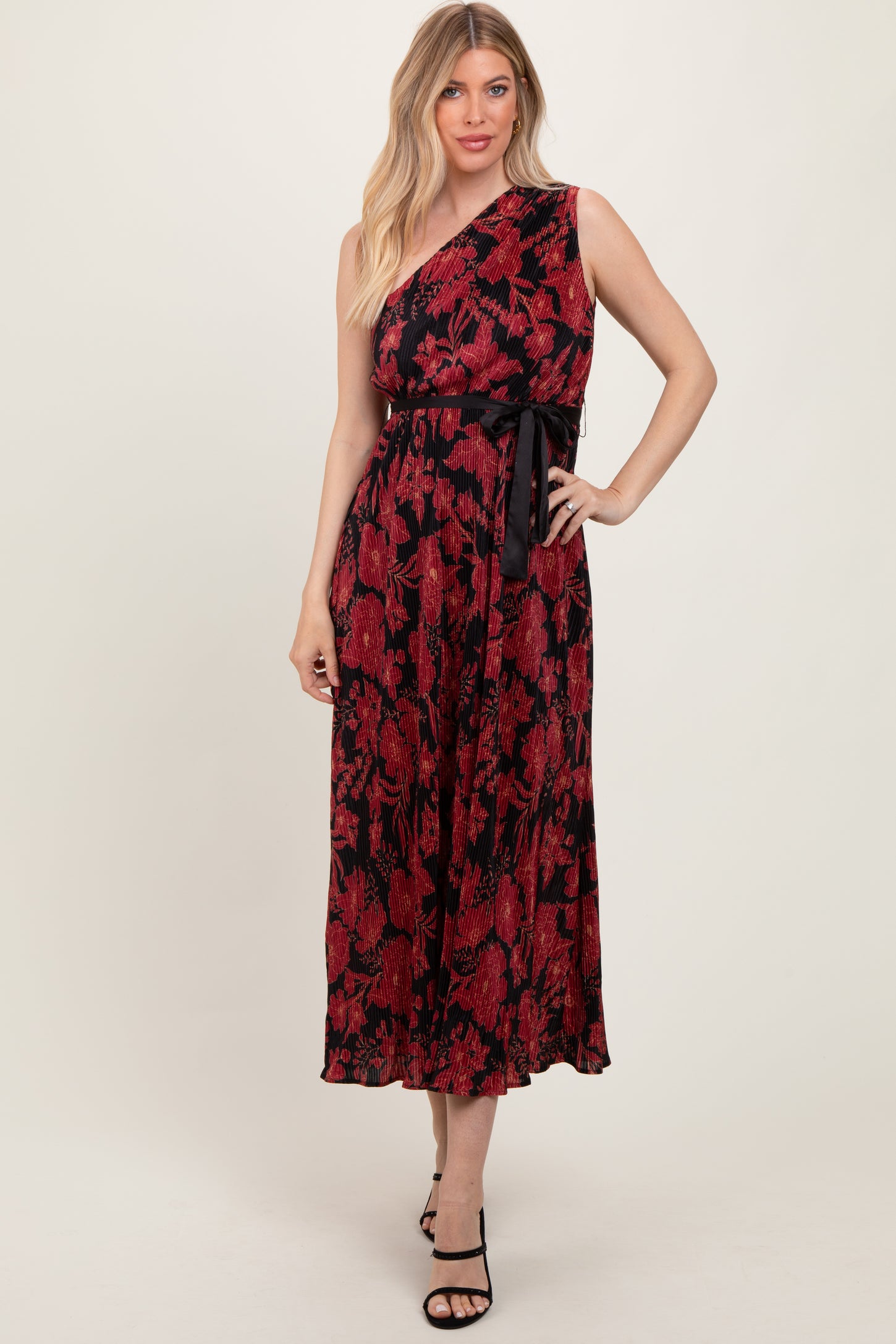 Red Floral Print Plisse One Shoulder Maxi Dress