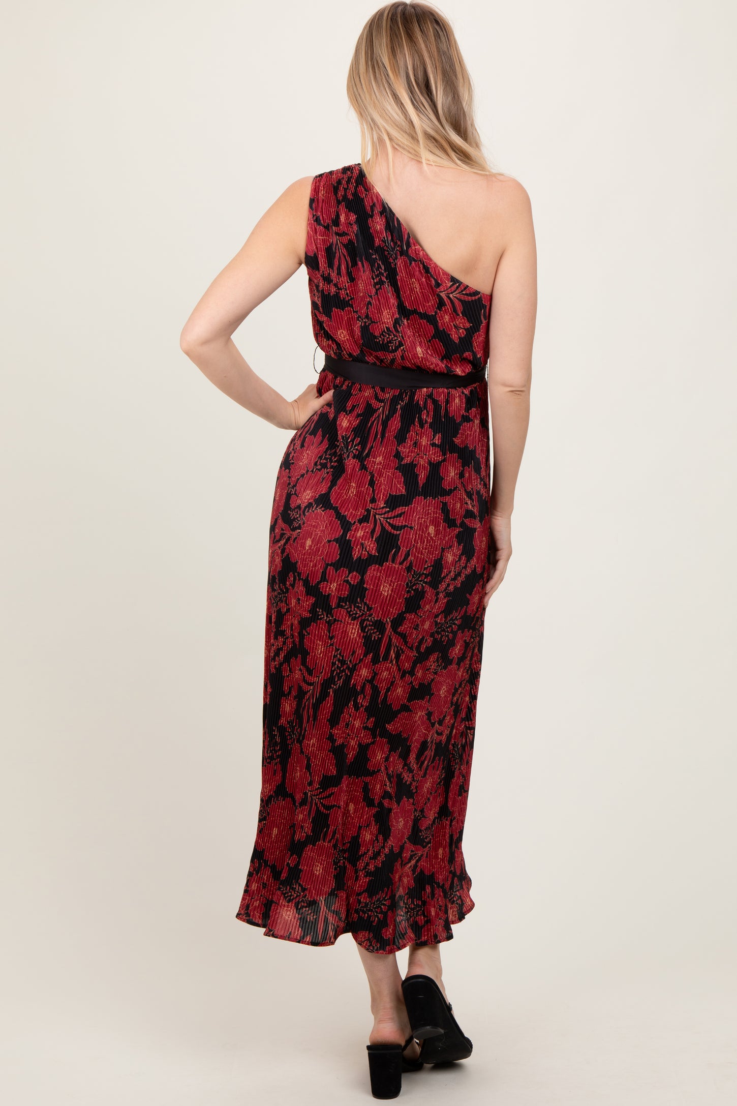 Red Floral Print Plisse One Shoulder Maxi Dress