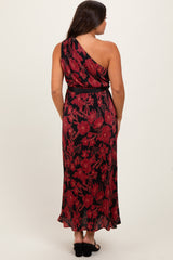 Red Floral Print Plisse One Shoulder Maternity Maxi Dress