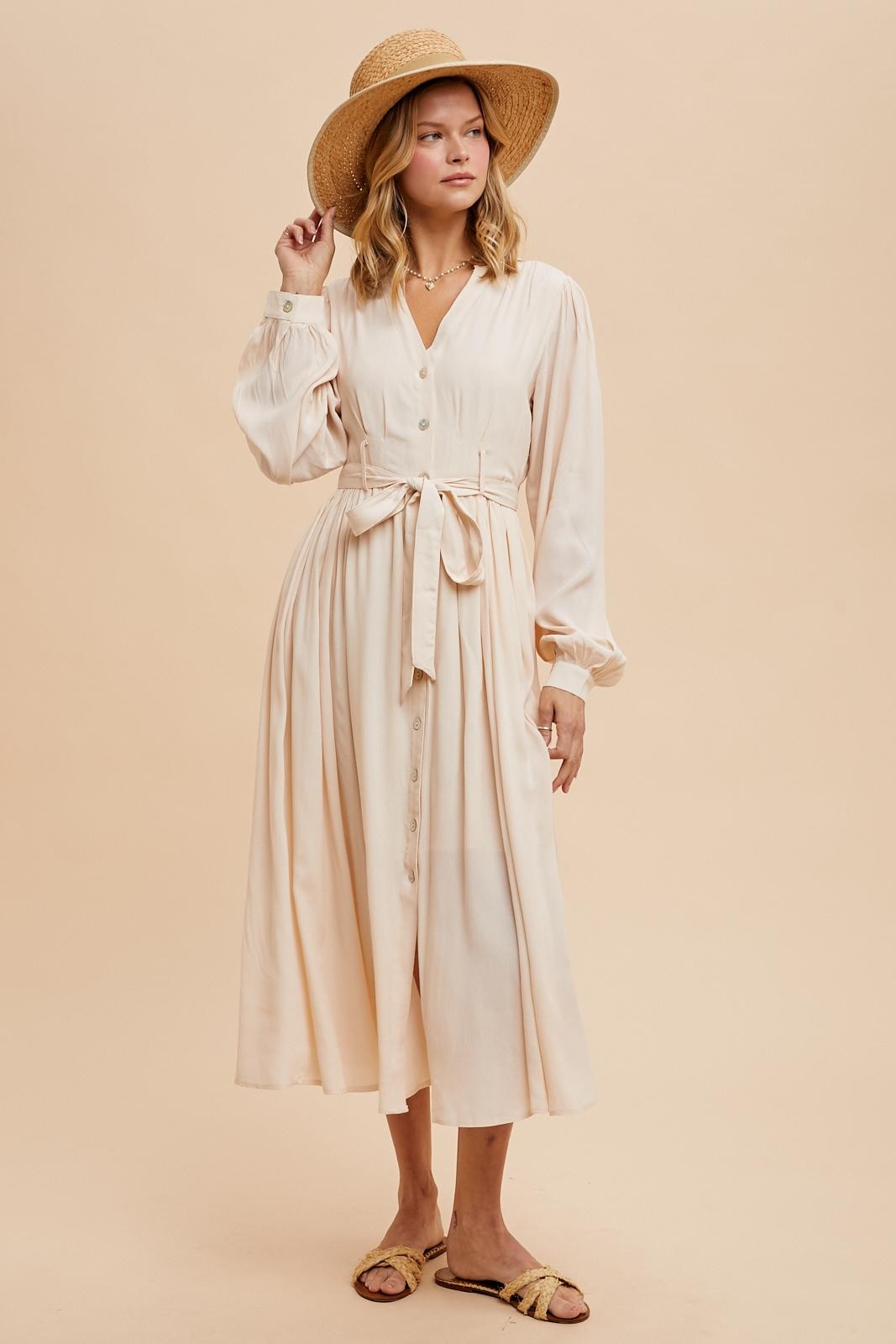 Beige Belted Long Sleeve Maxi Dress