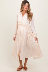 Beige Belted Long Sleeve Maternity Maxi Dress