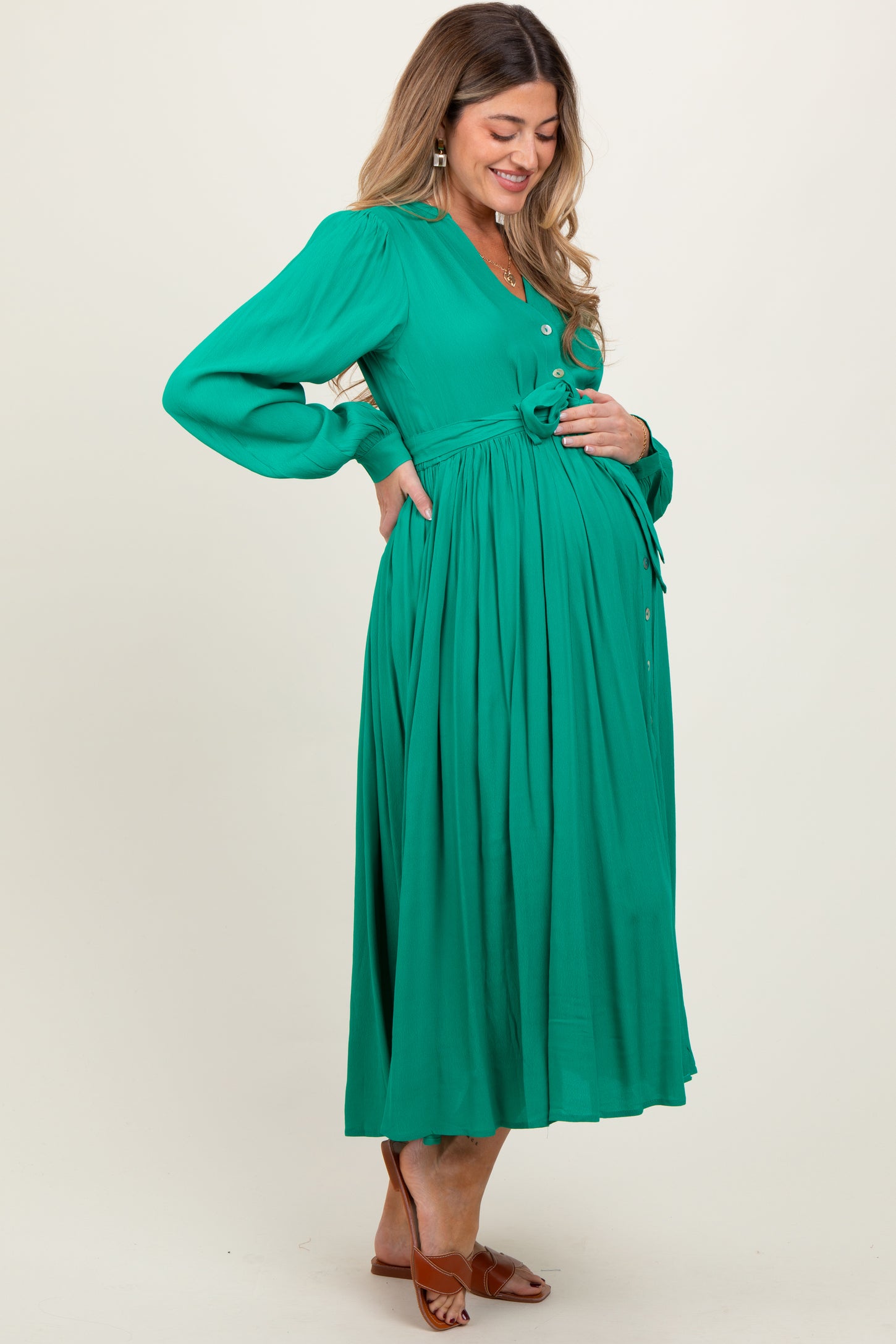 Jade Belted Long Sleeve Maternity Maxi Dress
