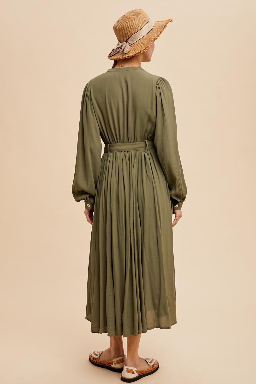Olive Belted Long Sleeve Maxi Dress