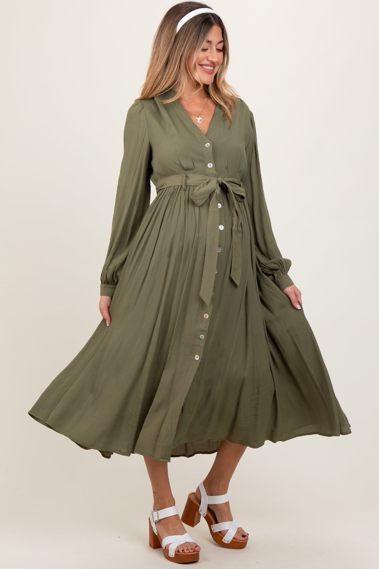 Olive Belted Long Sleeve Maternity Maxi Dress