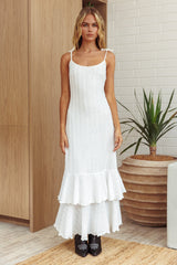 White Textured Shoulder Tie Layered Hem Maxi Dress