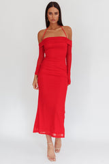 Red Halter Off Shoulder Mesh Maxi Dress