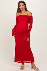 Red Halter Off Shoulder Mesh Maternity Maxi Dress