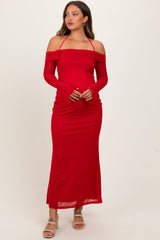 Red Halter Off Shoulder Mesh Maternity Maxi Dress