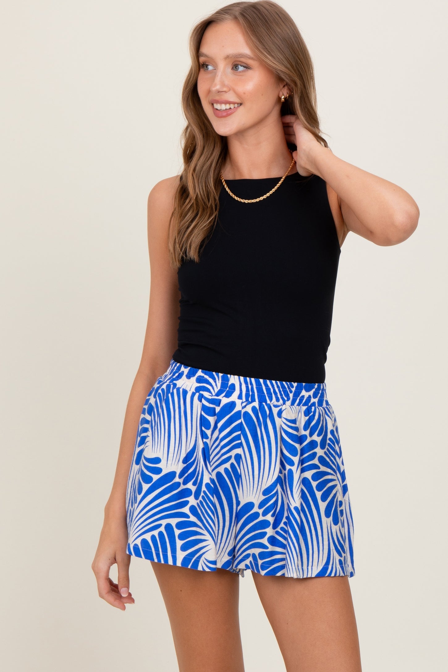Royal Blue Printed Elastic Waist Band Maternity Shorts