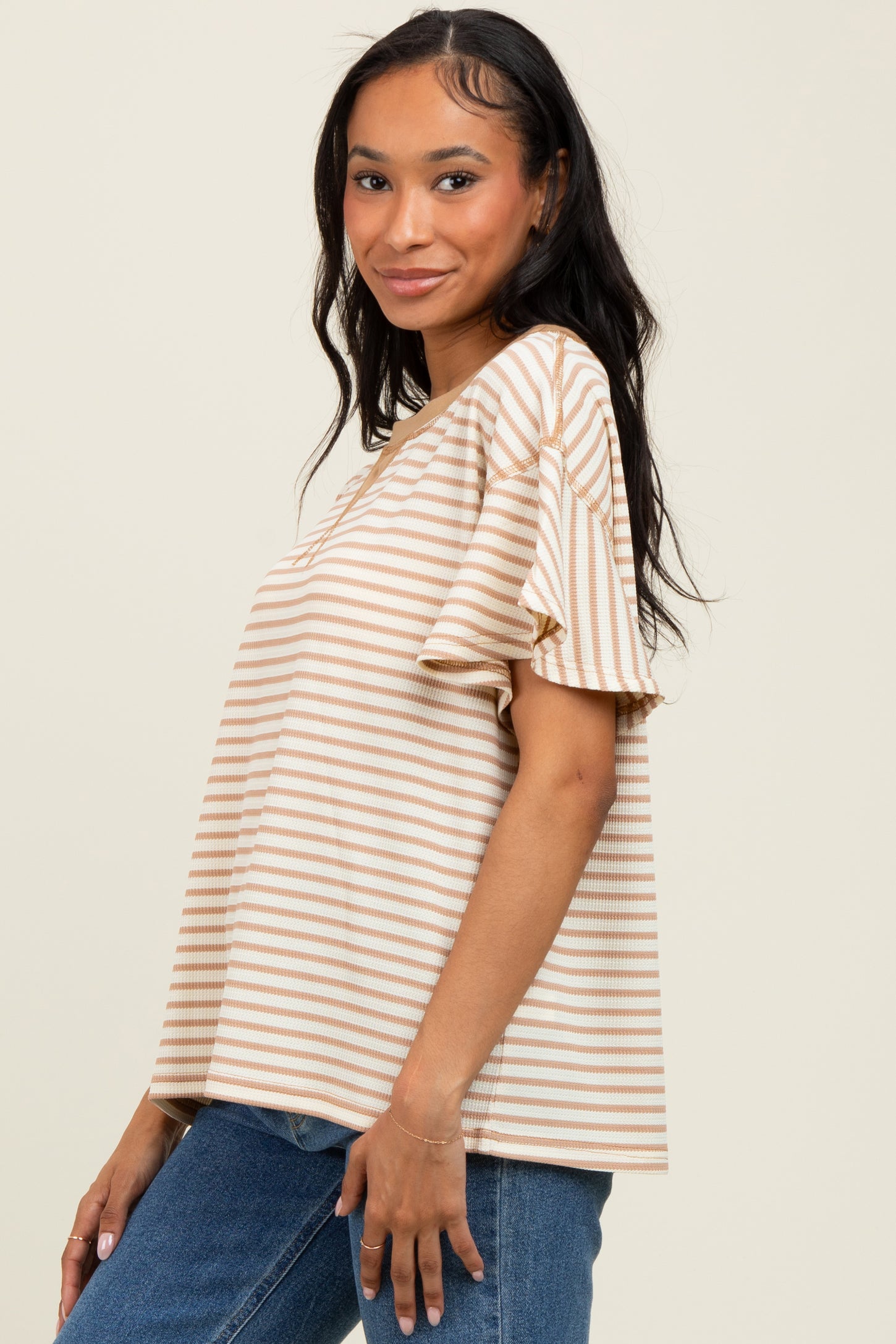 Light Taupe Striped Ribbed Relaxed Short Sleeve Top