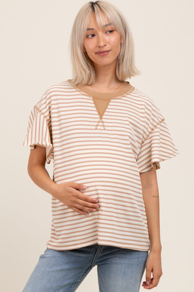 Light Taupe Striped Ribbed Relaxed Short Sleeve Maternity Top