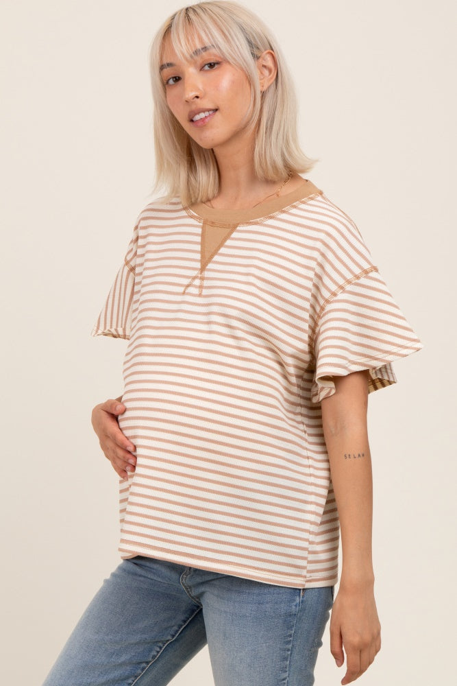 Light Taupe Striped Ribbed Relaxed Short Sleeve Maternity Top