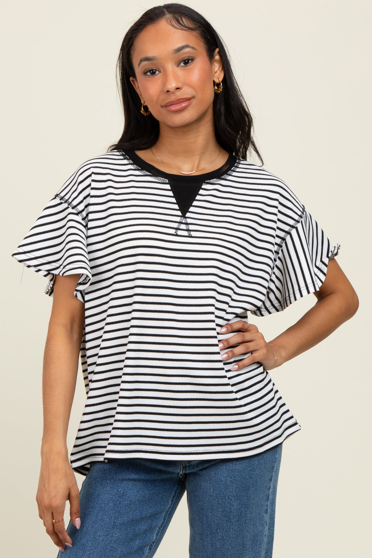 Black Striped Ribbed Relaxed Short Sleeve Maternity Top